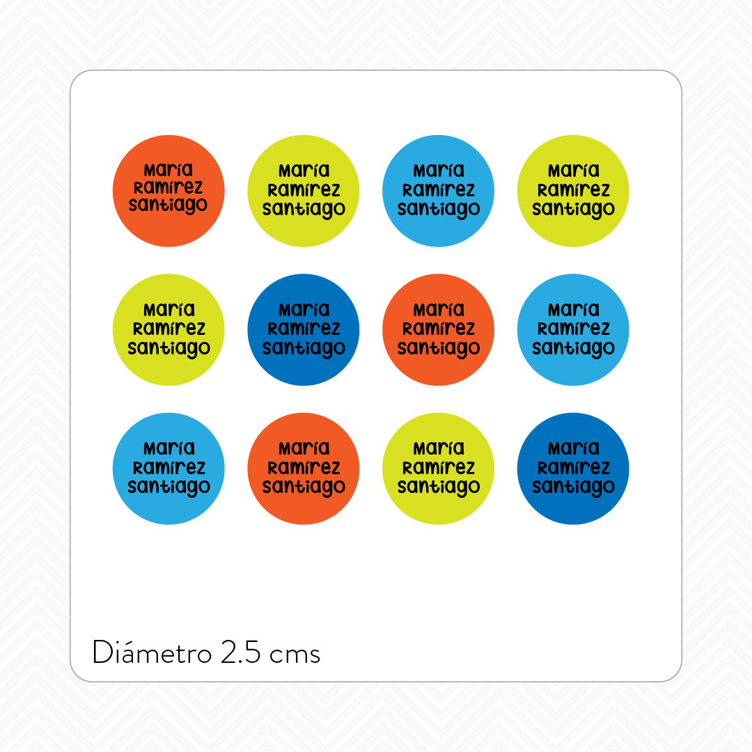 ETIQUETAS LAVABLES PLÁSTICOS: Circular 2.5 CM - 42 pzas